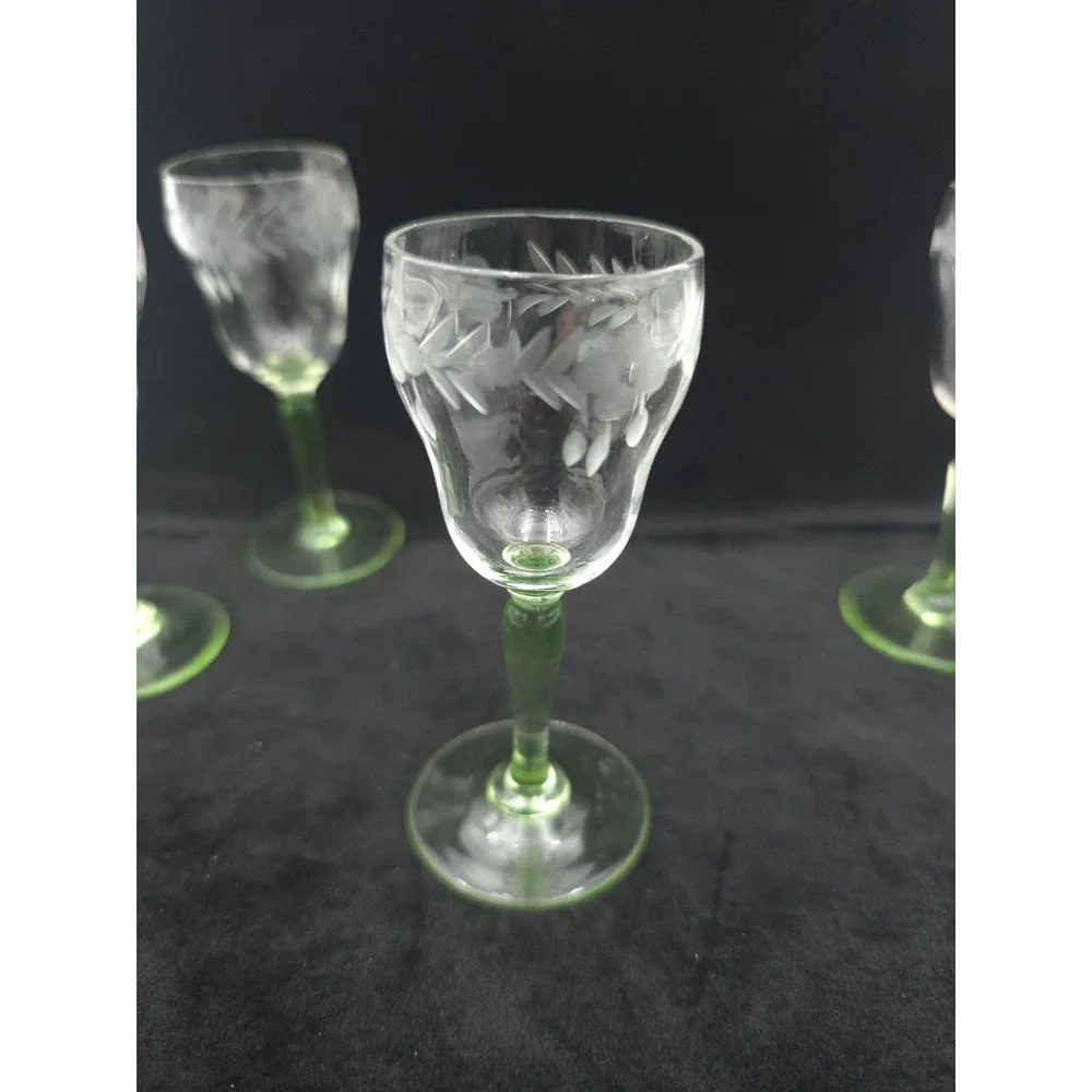 Vintage Uranium Glass Cordials Etched Foliate Design Stemware Set Of 5 Bryce?
